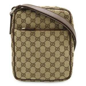 GUCCI GG Canvas Shoulder Bag/Pochette, Leather, Beige/Dark Brown, 03136